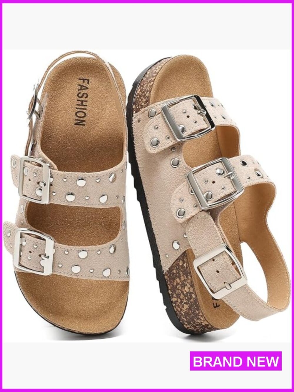 Slide Sandals with Soft Cork Footbed Memory Foam Insole Non-Slip Adjustable